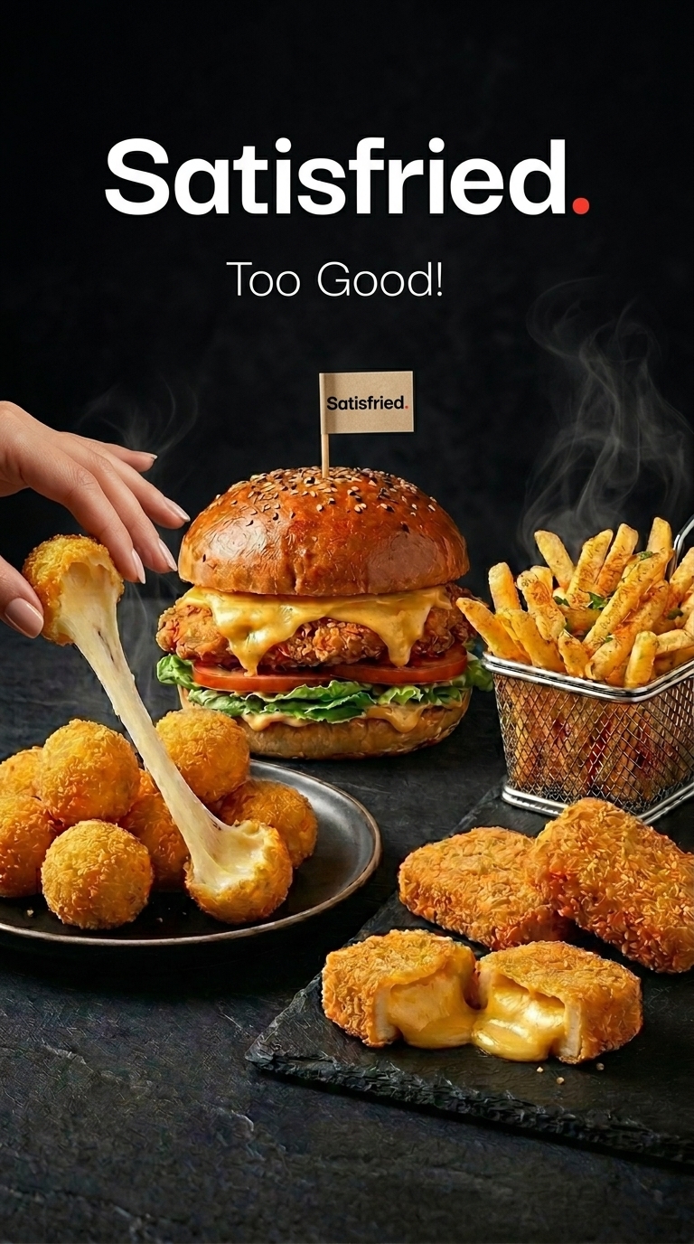Satisfried burger, cheese balls, fries and nuggets spread